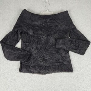 Love Knits NYC Crop Sweater Womens Medium Gray Eyelash Knit Fuzzy Off Shoulder
